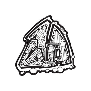Graffiti-style house decal, black outline with white interior illustration