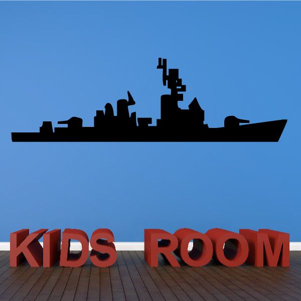 Guided missile destroyer ship decal with red "KIDS ROOM" text