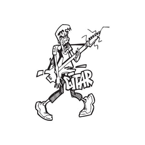 Guitar graffiti decal sticker of a black-and-white guitarist holding an electric guitar