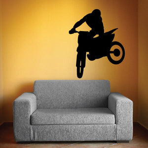 Black motocross rider on dirt bike decal, jumping silhouette with front wheel circle