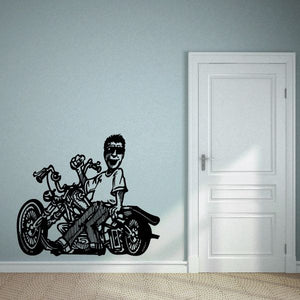 Motorcycle wall decal of a man leaning on a chopper-style bike