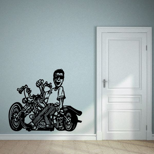 Motorcycle wall decal of a man leaning on a chopper-style bike
