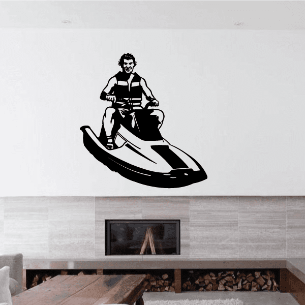 Black-and-white jet ski rider decal, man on old-style watercraft