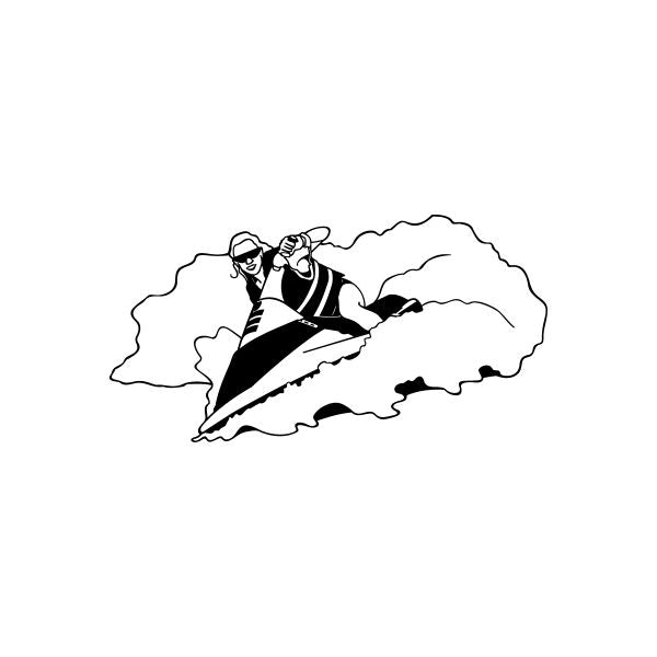 Jet ski decal of a man turning on a wave, black and white outline