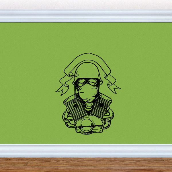 Motorcycle engine decal featuring a man with helmet and a V-twin engine graphic