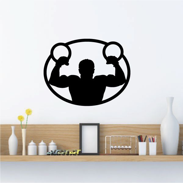 Gymnastics wall decal: black silhouette holding gymnastic rings