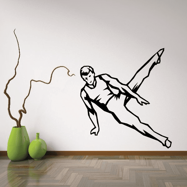 Vinyl gymnastics wall decal of a black gymnast figure in mid-air with white star details