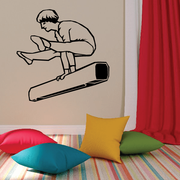 Gymnastics wall decal of a gymnast on a balance beam, vinyl sticker design.