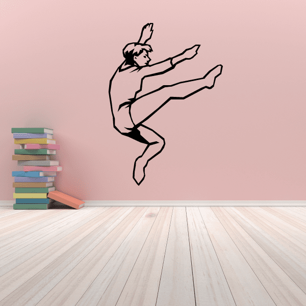 Gymnastics wall decal: black line-art gymnast leaping midair pose