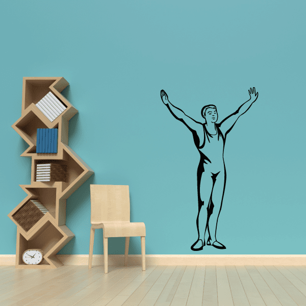 Vinyl gymnastics wall decal, black outline of standing gymnast with arms raised