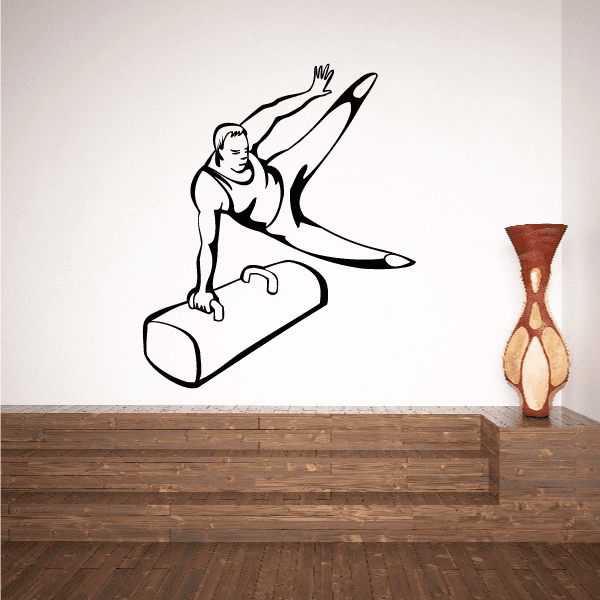 Gymnastics wall vinyl decal, black line art gymnast stretching on a mat