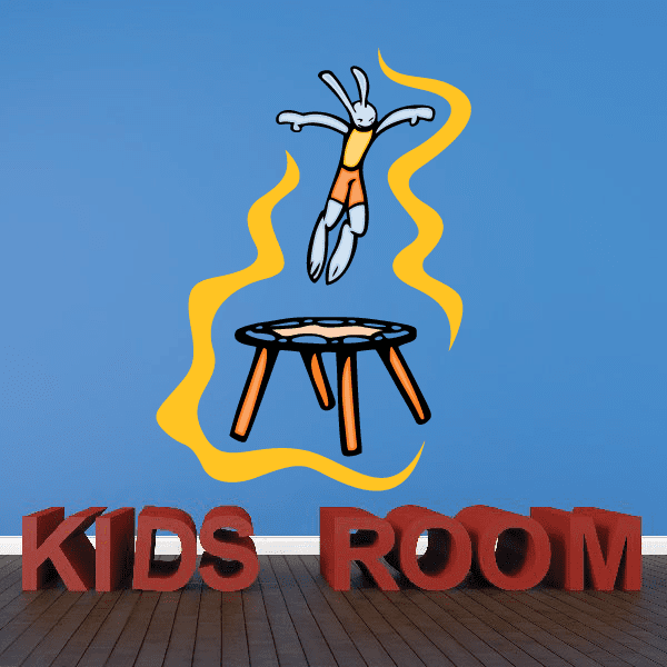 Gymnastics wall decal sticker: blue gymnast on orange trampoline, yellow accents, “KIDS ROOM”
