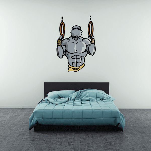 Cartoon gymnastics wall decal sticker of a muscular character holding rings