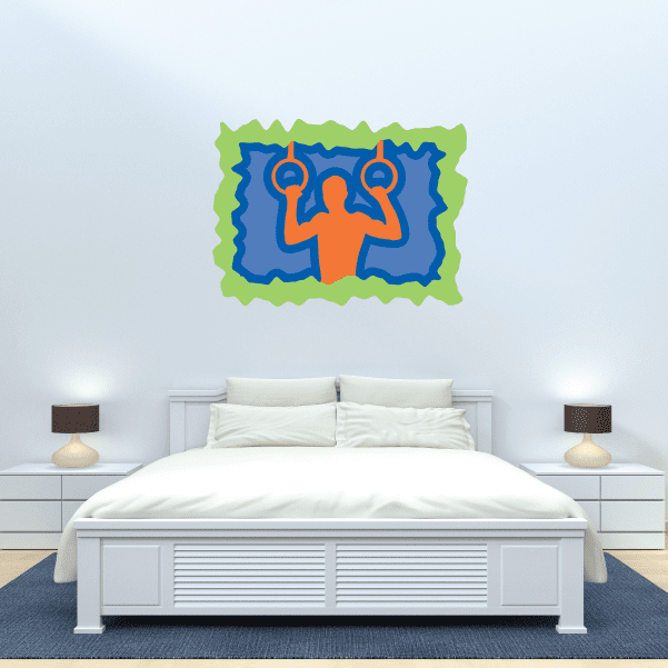 Gymnastics wall decal vinyl sticker with orange gymnast silhouette on blue shape