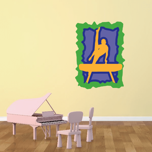 Gymnastics vinyl wall decal sticker: blue and yellow gymnast with green border