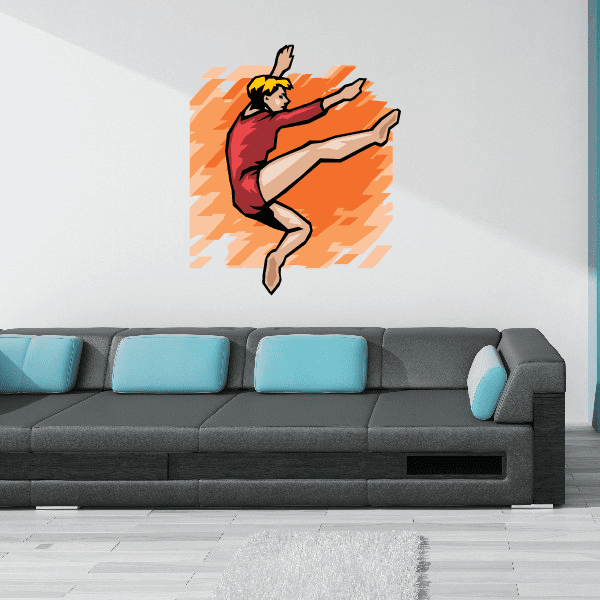 Gymnast wall decal vinyl sticker of a female gymnast in maroon leotard with orange burst