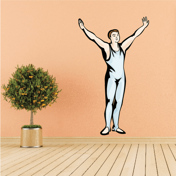 Gymnastics wall decal of a blue leotard gymnast with arms raised