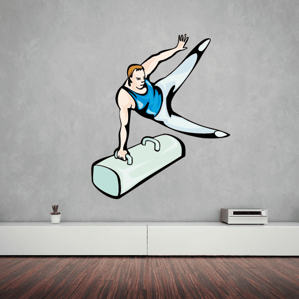 Gymnastics wall decal of gymnast in blue leotard on green balance beam pad