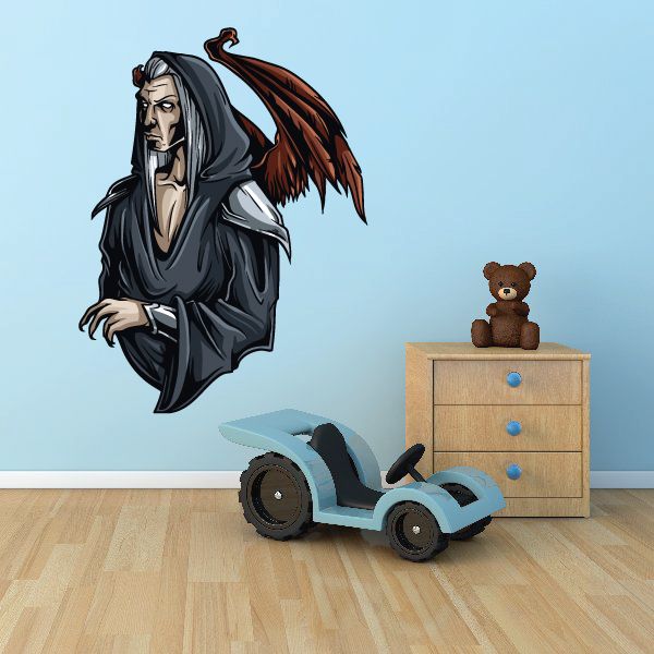 Hades-style character sticker: hooded dark figure with skull face and red wings