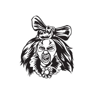 Clown head decal with large hair bow, black and white line art