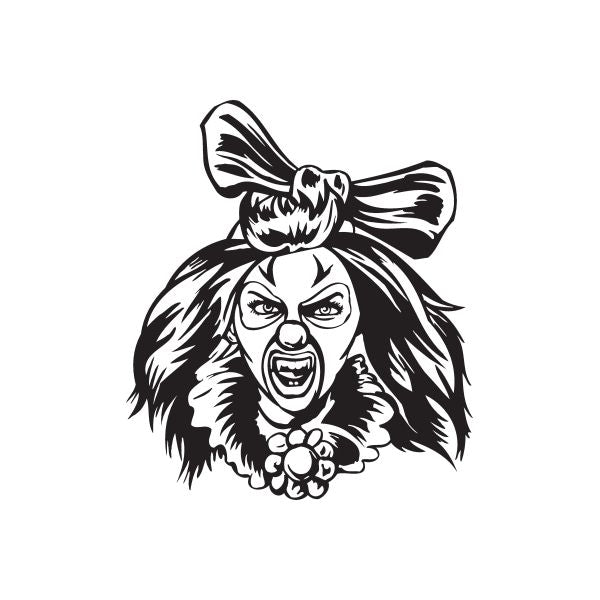 Clown head decal with large hair bow, black and white line art