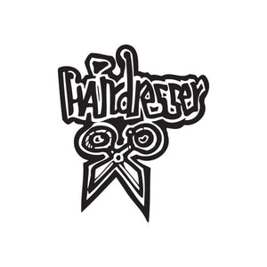 Graffiti hairdresser decal in black with stylized lettering and starburst