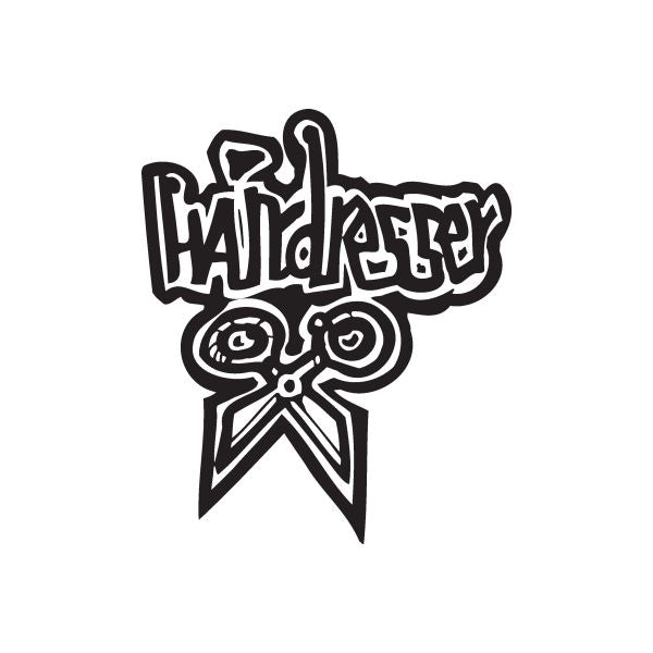 Graffiti hairdresser decal in black with stylized lettering and starburst