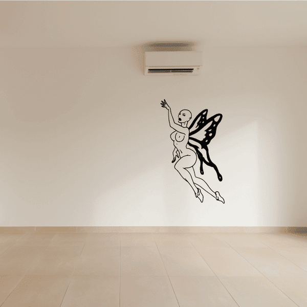 Reaching fairy wall decal with butterfly wings, black line art silhouette