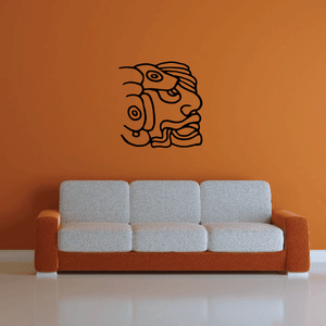Mayan face wall decal with line-art animal head and headdress, black outline