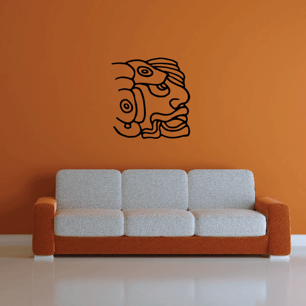 Mayan face wall decal with line-art animal head and headdress, black outline