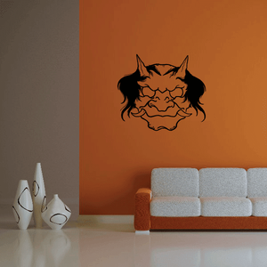 Oni mask wall decal with shaggy face, black outline and orange accents