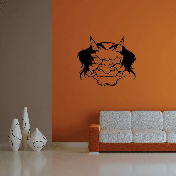 Oni mask wall decal with shaggy face, black outline and orange accents