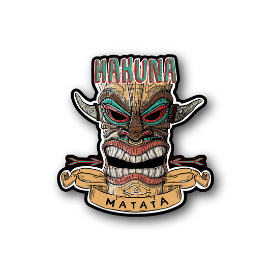 Tiki vinyl sticker with colorful face art and “HAKUNA” and “MATATA” text