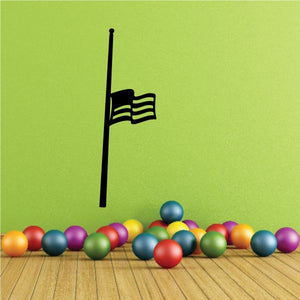 Half mast flag decal with black pole and raised flag, striped stars design