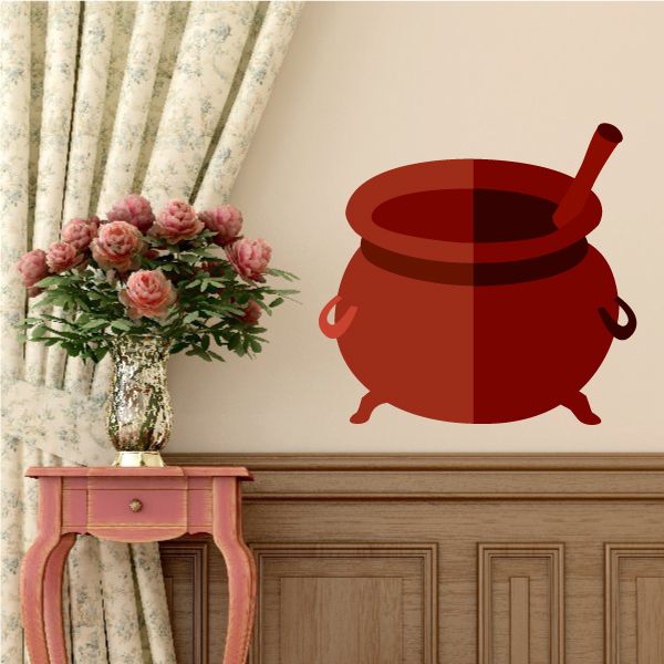 Halloween cauldron decor decal, dark red pot with lid and side handles