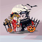 Halloween character decal sticker of chibi devil and vampire riding with jack-o-lantern wheels
