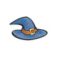 Witch hat sticker, dark blue pointed hat with wide brim and orange buckle