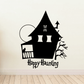 Haunted house Halloween decal with black silhouette, bat, spider web, and Happy Haunting text