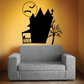 Black haunted house wall decal with bat and moon silhouette
