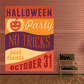 Halloween Party typographic sticker, orange and purple text: No Tricks Just Treats