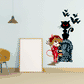 Halloween devil and cat die-cut decal with red-haired girl, bats, and tombstone