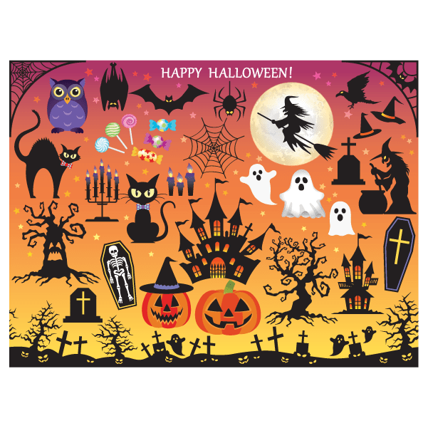Halloween sticker sheet with ghosts, cats, bats, pumpkins, candles, and Happy Halloween text