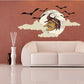 Halloween witch face sticker on full moon with bats and white clouds