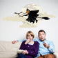 Halloween witch flying sticker with full moon and bats silhouette