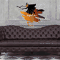 Halloween witch on broom with bats wall sticker, black and orange design