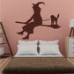 Halloween witch wall sticker riding broom with cat, dark silhouette