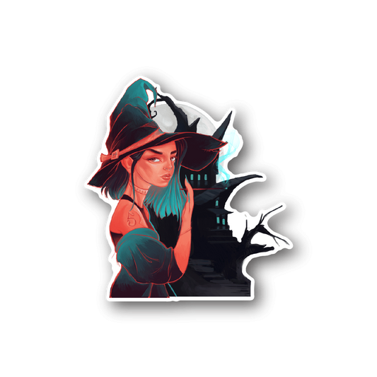 Halloween witch vinyl sticker of teal-haired woman with black hat and lantern