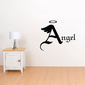 Angel vinyl wall decal with black wings and cursive 'Angel' text