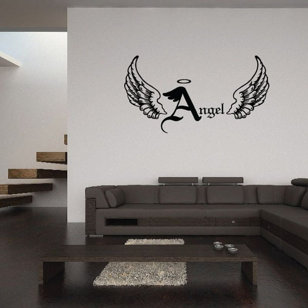Angel wings with halo and Angel lettering wall vinyl decal