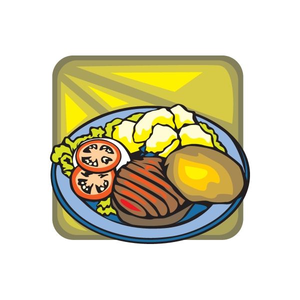 Hamburger on plate sticker with cartoon burger and toppings